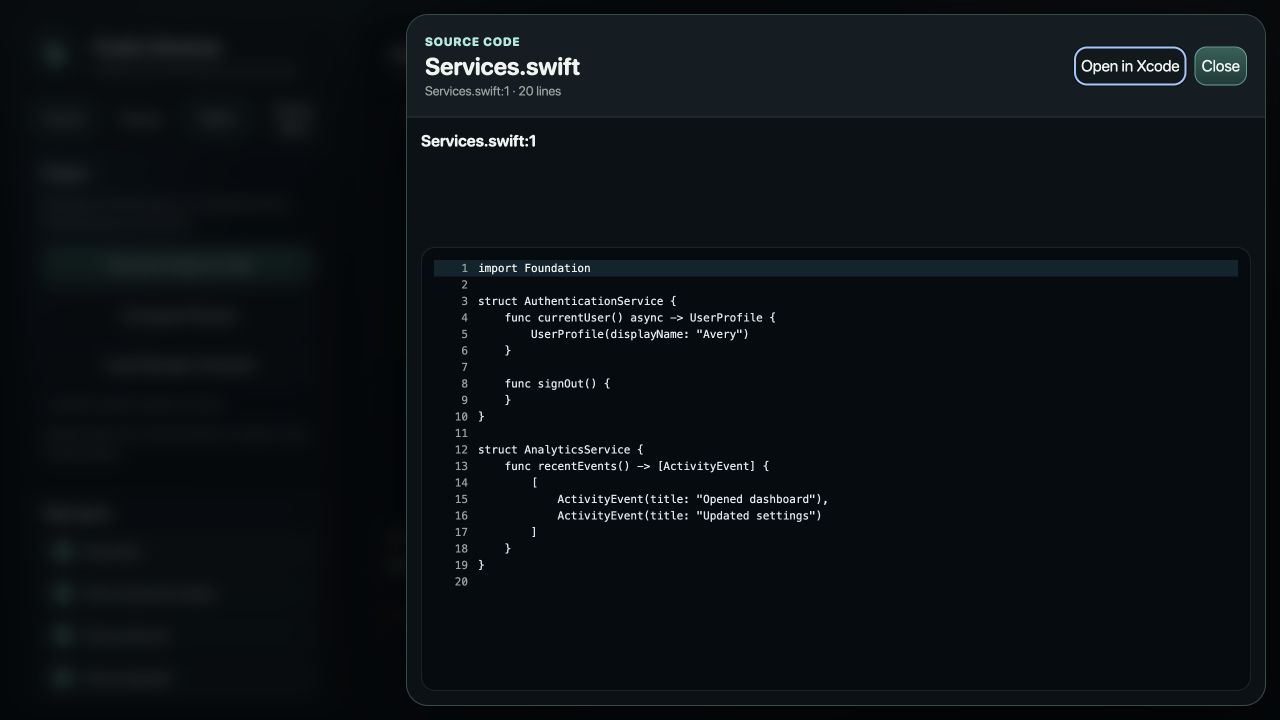 Wide Code Universe source drawer displaying a complete Swift file with an Open in Xcode action